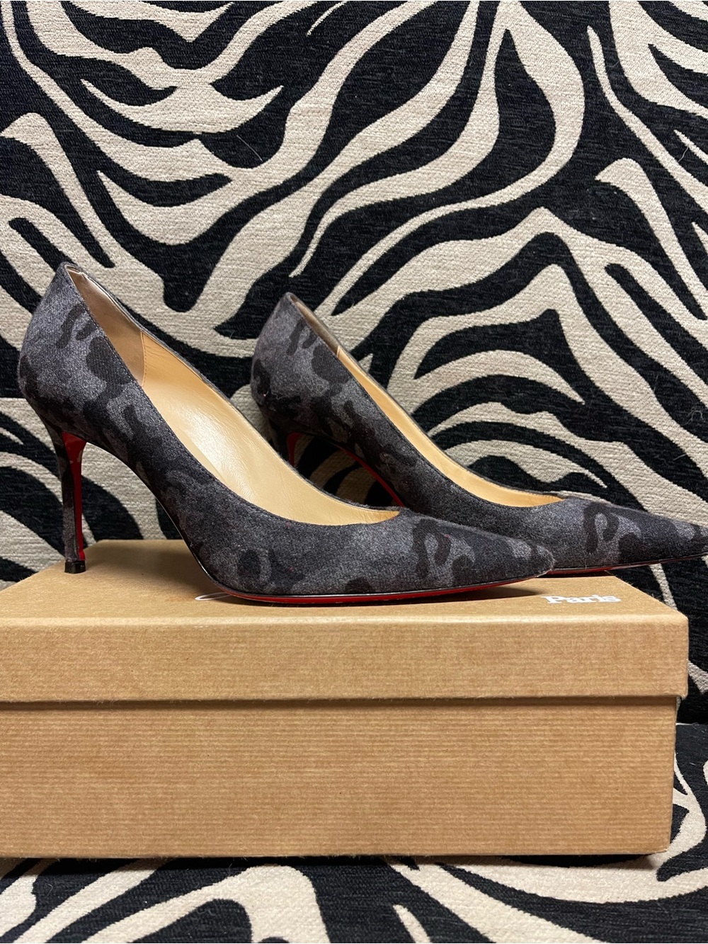 Christian Louboutin Dark Gray Camo Suede Pointed-Toe Pumps